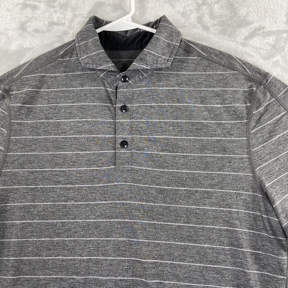 Lululemon Shirt men's Medium Polo Gray Striped Short Sleeve Casual Stretchy Logo - Picture 2 of 13